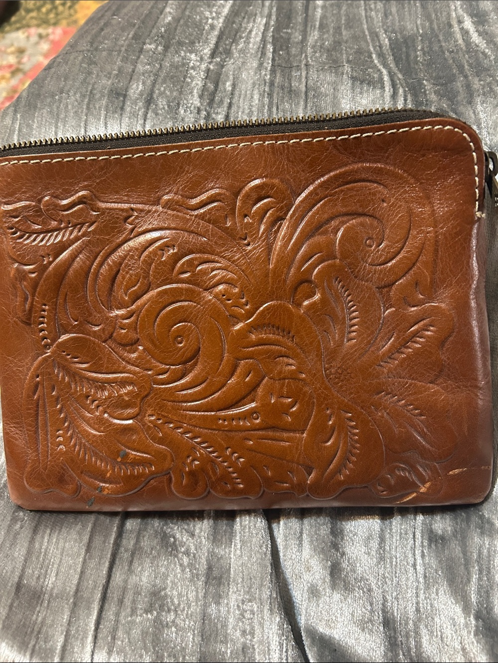 Patricia Nash Chestnut Brown Tooled Leather Zip Pouch